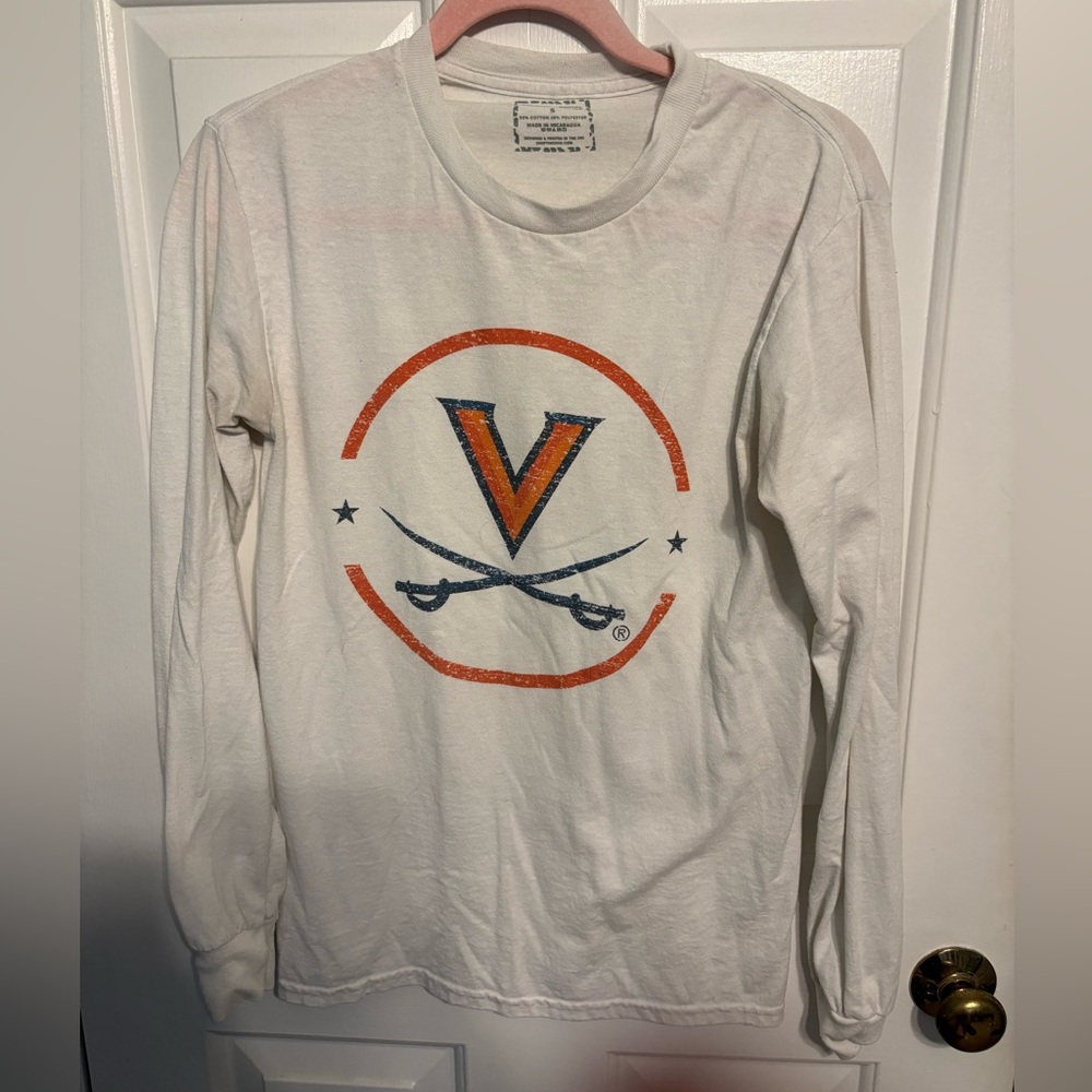 White Long Sleeve Shirt with Orange and Blue Logo